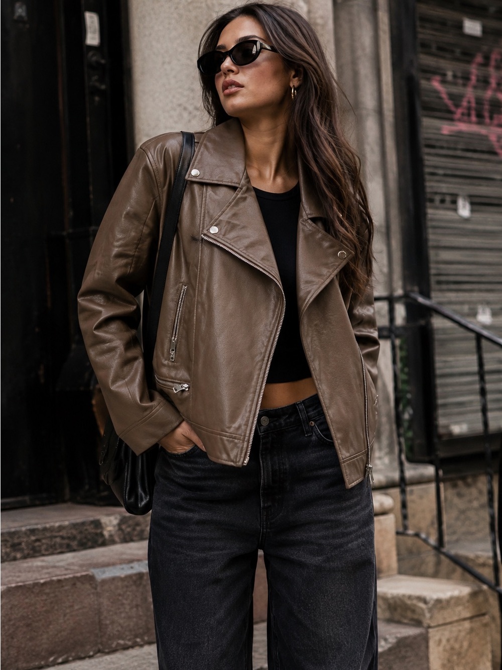 Women’s Brown Vegan Leather Moto Jacket - Classic Asymmetric Zip